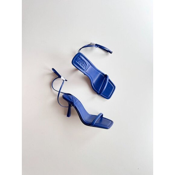 NWOT ZARA Blue Leather Square Toe Strappy High Heel Wraparound Sandals, Size 35 - Picture 1 of 15